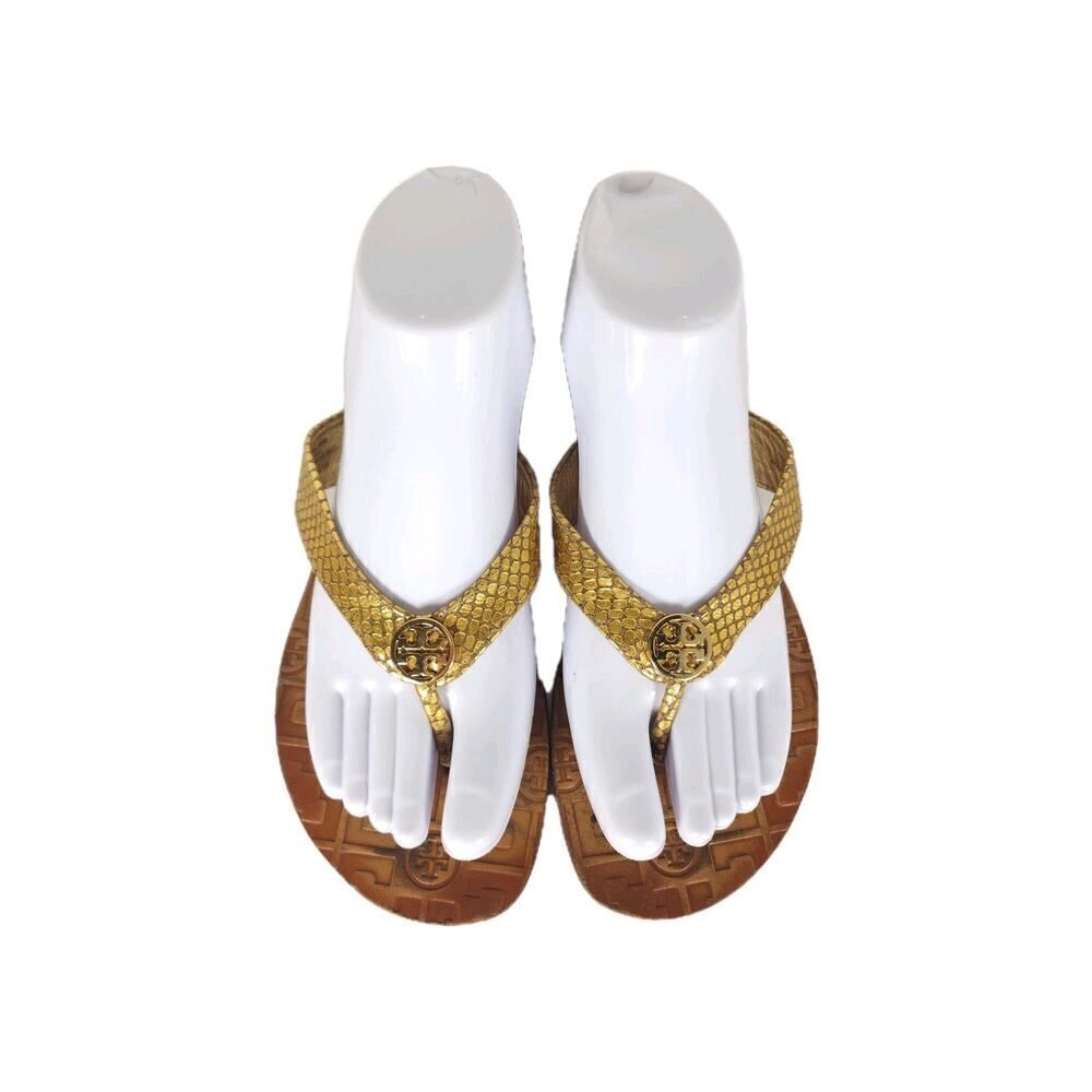 Tory Burch Women's Thora US9M Gold Leather Flat Thong Flip Flops Sandals Shoes